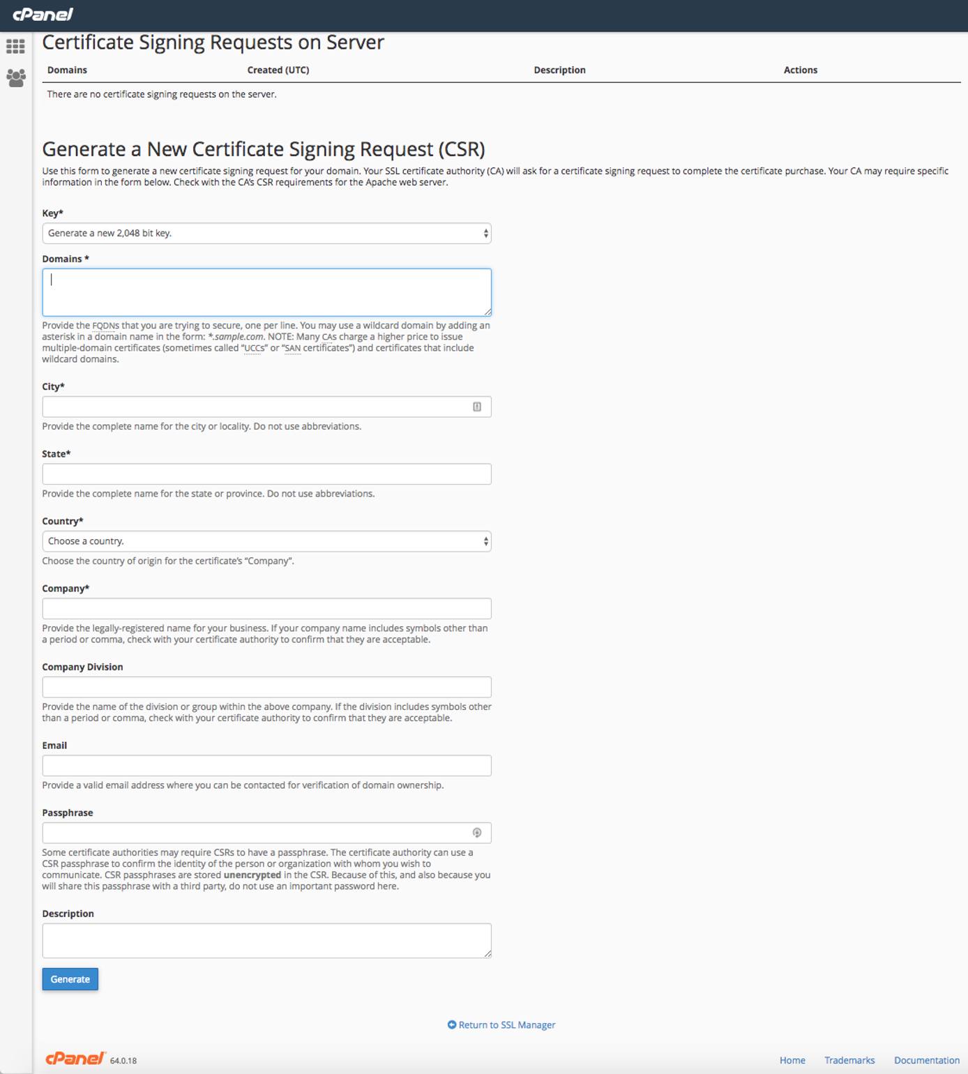 cPanel CSR form.