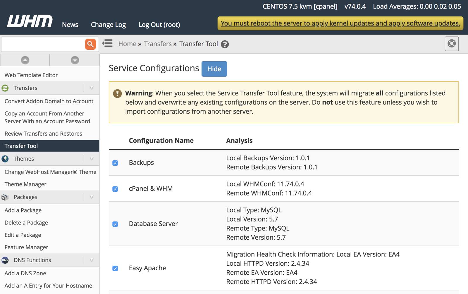 WHM Transfer Tool Service Configurations Form