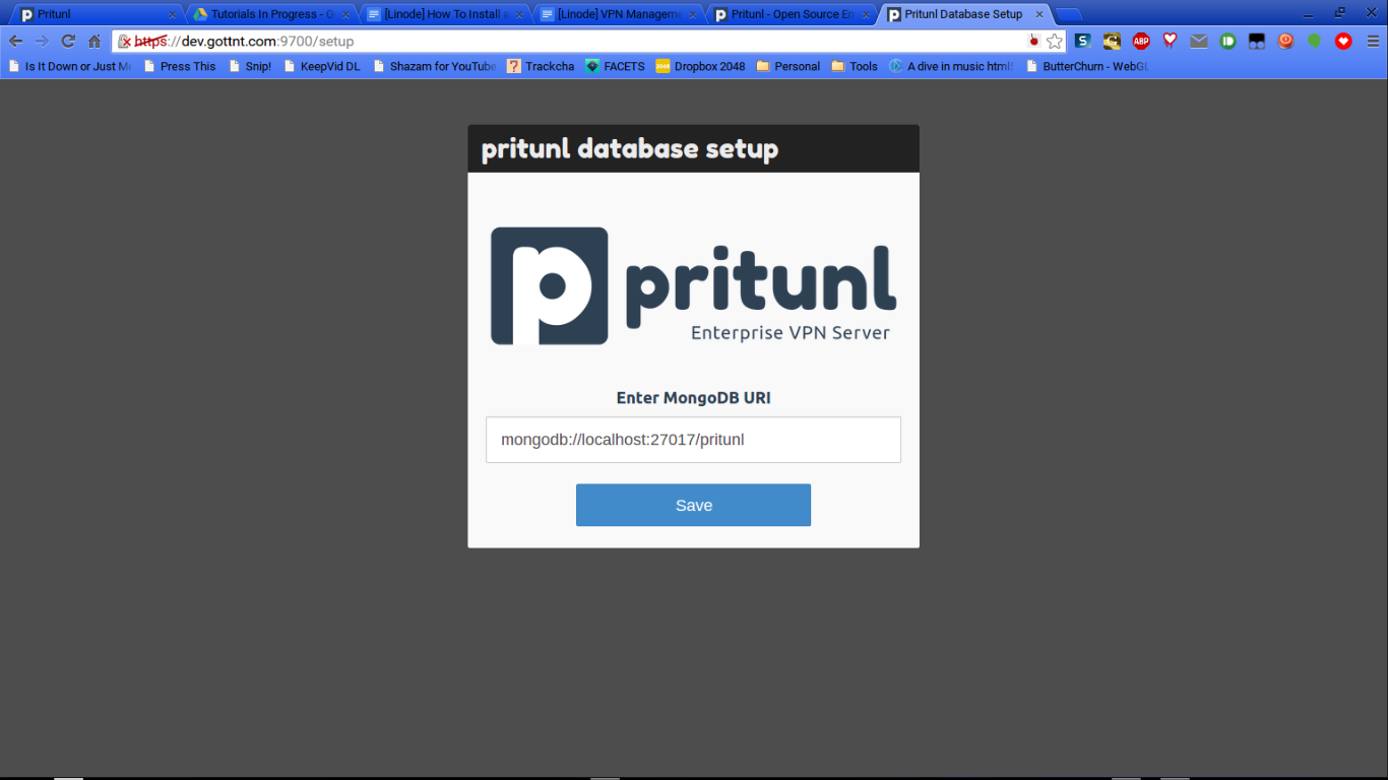 Pritunl DB setup screen